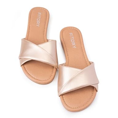FITORY Women's Flat Sandals Fashion Slides With Soft Leather Slippers for Summer Gold Size 9 - Image 2