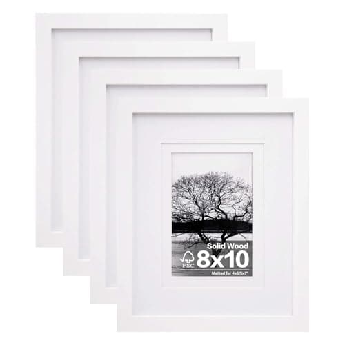 Egofine 8x10 Picture Frames Set of 4, Made of Solid Wood Covered by Plexiglass 4x6 and 5x7 with Mat or 8x10 without Mat, for Table Top Display and Wall Mounting Photo Frame White - Image 1