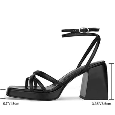 ISNOM Black Platform Heels for Women Comfortable Strappy Heels Short Block Chunky Sandals Ankle Strap Simple Summer Heeled Sandals Square Open Toe for Wedding Work Party Dressy Prom,Black,Size 7 - Image 2