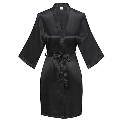 ExpressBuyNow Women's Short kimono Robe Satin robe for wedding, Black, Large - Image 1