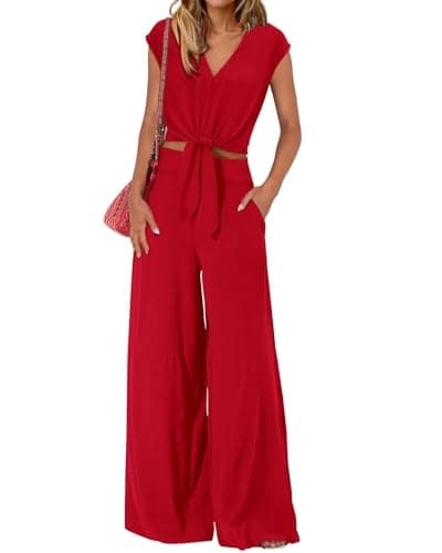 PRETTYGARDEN Women's Casual Summer Outfits 2 Piece Cute Cap Sleeve Tie Front Tops Loose Fit Pant Fashion Airport Outfit(Solid Red,Small) - Image 1