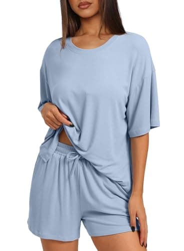 Darong Womens 2 Piece Lounge Sets 2025 Summer Travel Outfits Casual Short Sleeve Oversized Tshirts Tops Drawstring Shorts 9121 Blue L - Image 3