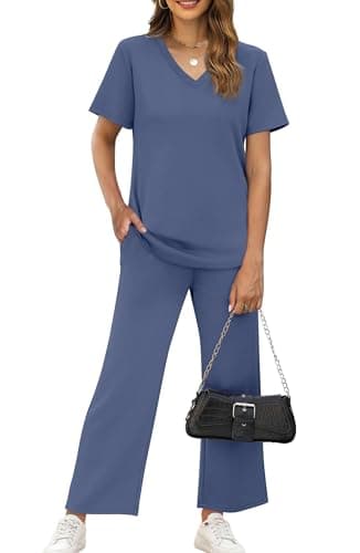 WIHOLL Summer Outfits For Women 2 Piece Lounge Matching Sets Workout Sets Spring Essentials Clothing Cruise Vacation Outfits Pajama Pants Activewear Blue L - Image 2