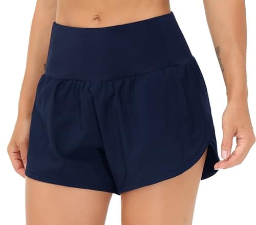THE GYM PEOPLE Womens High Waisted Running Shorts Quick Dry Athletic Workout Shorts with Mesh Liner Zipper Pockets (Blue, Medium) - Image 1