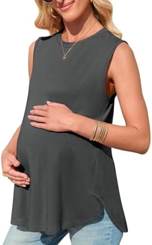 FMEYOA Women's Maternity Tank Top Summer Sleeveless Crewneck Pregnancy Shirts Side Split Maternity Clothes - Image 2