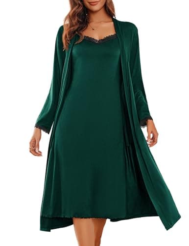 Ekouaer Women's Sexy Nightgown with Robes Set 2 Piece Lace Full Length Knit Soft Nightwear Lightweight Bathrobes Dark Green M - Image 1