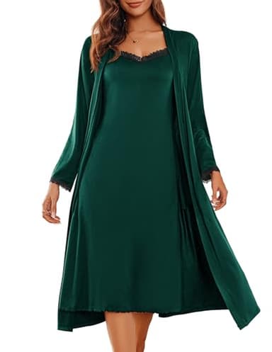 Ekouaer Women's Sexy Nightgown with Robes Set 2 Piece Lace Full Length Knit Soft Nightwear Lightweight Bathrobes Dark Green M - Image 1