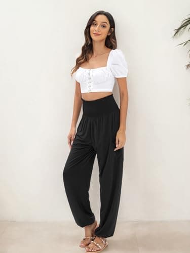 QIANXIZHAN Women's Harem Pants, High Waist Yoga Boho Trousers with Pockets Black 2XL - Image 5