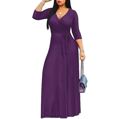 FANDEE Women's 2025 Maxi Dress - Solid Color Bohemian Summer Long Maxi Dress V-Neck 3/4 Sleeve Perple M - Image 2
