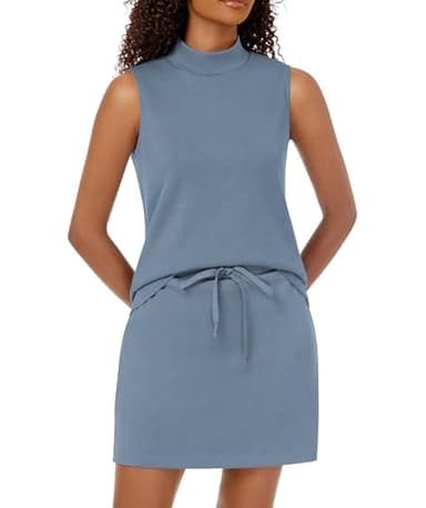 Casly Lamiit Two Piece Skort Set for Women Summer Tennis Outfits Active Wear Workout Track Suit Mock Neck Tops Short Skirt Loungewear Blue Grey L - Image 1