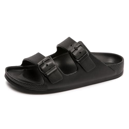 FUNKYMONKEY Women's Comfort Slides Double Buckle Adjustable EVA Flat Sandals (7 M US-Women, Black) - Image 1