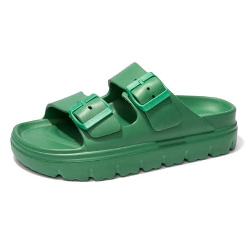 FUNKYMONKEY EVA Slides for Women Thick-sole Adjustable Double Buckle Waterproof Platform Sandals (7 M US, Green/HDSPK) - Image 1