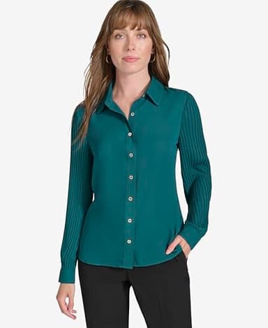 Tommy Hilfiger Women's Suits Long Sleeve Shirt with Pleated Sleeves, Forest, M - Image 2