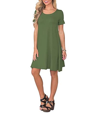 WNEEDU Women's Summer Casual T Shirt Dresses Short Sleeve Swing Dress with Pockets (L, Army Green) - Image 3