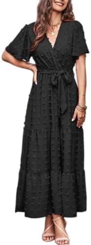 MASCOMODA Womens Summer Swiss Dot Maxi Dressses Wrap V Neck Flutter Short Sleeve Boho Casual Flowy Long Wedding Guest Dress - Image 3