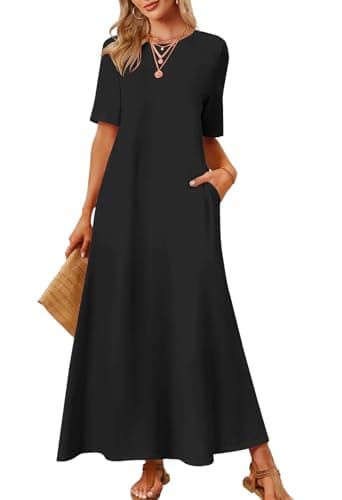 MEROKEETY Women's 2025 Summer Maxi Dress Casual Short Sleeve Beach Vacation Crewneck Basic Long T Shirt Dresses, Black, Small - Image 1