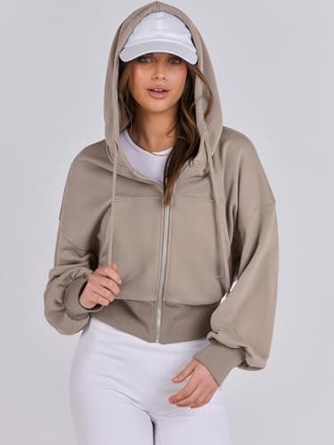 ANRABESS Womens Zip Up Hoodies Cropped Sweatshirts Casual Comfy Cute Zip Jackets Fashion Trendy Fall Outfits 2025 Y2K Clothes Khaki Small - Image 4