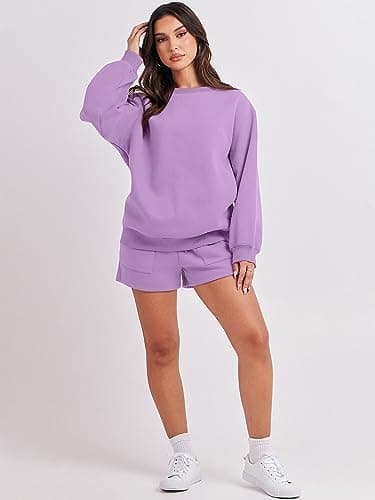 ANRABESS Women 2 Piece Outfits Sweat Shorts Sets 2025 Oversized Casual Lounge Matching Set Sweatsuit Tracksuit Fall Clothes Purple X-Large - Image 7