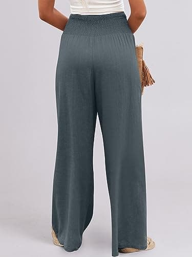 ANRABESS Women Linen Palazzo Pants Summer Boho Wide Leg High Waist Casual Lounge Pant 2025 Beach Travel Vacation Outfits Grey Small - Image 8