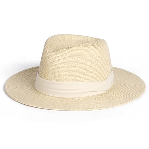 FURTALK Womens Mens Wide Brim Straw Panama Hat Fedora Summer Beach Sun Hats UPF Straw Hat for Women Beige-White - Image 1