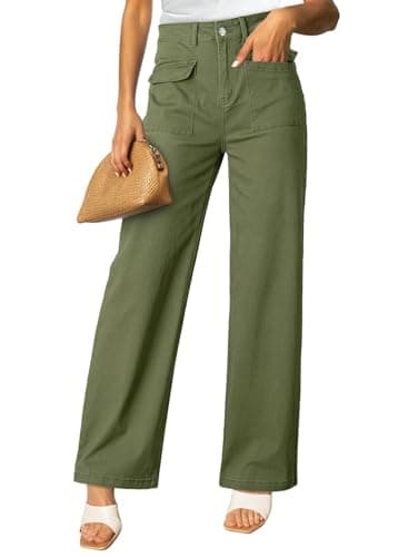 Dokotoo Women's Pants High Waisted Cargo Pants Womens Wide Leg Baggy Jeans for Women Straight 2025 Spring Outfits Fashion Clothes Casual Trendy Pocket Teen Girls Trousers Stretch Denim Green - Image 3