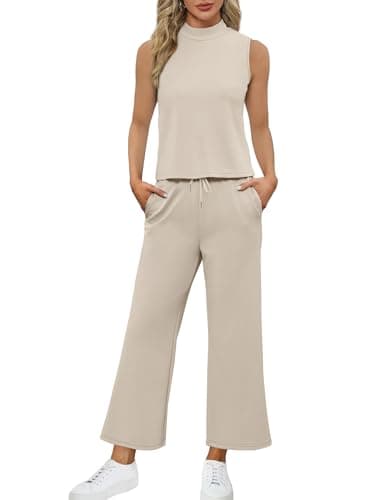 SAMPEEL Lounge Set for Women 2 Piece Spring Outfits 2024 Travel Clothing Summer Business Casual Outfits Sleeveless Wide Leg Crop Pants Sets Matching Sets Women Clothing Khaki S - Image 3