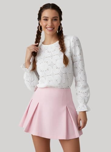 CUPSHE Women Eyelet Long Sleeve Tops Shirts Dressy Hollow Out Crochet Lace Embroidered Blouses 2025 Fashion Top White - Image 4