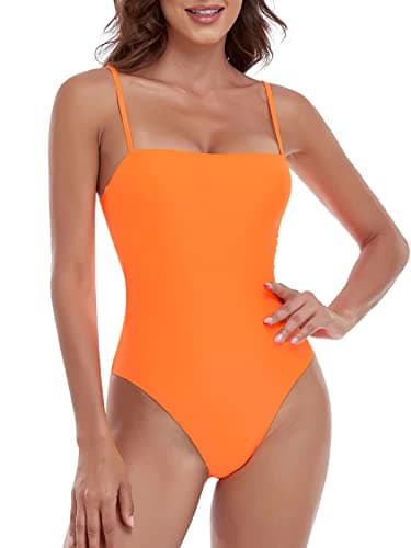 RELLECIGA Women's Orange High Cut Bandeau One Piece Swimsuits with Adjustable Shoulder Straps Size Medium - Image 1