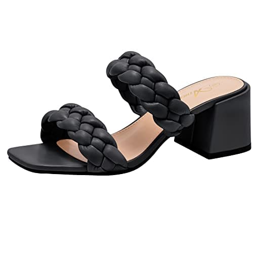 Athlefit Women's Braided Heeled Sandals Strappy Square Open Toe Heels Backless Mules Slip On Block Heels Black Size 10 - Image 1