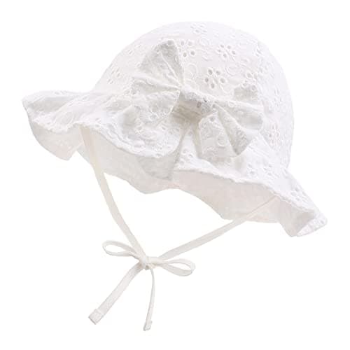 JANGANNSA Bow Baby Girls Summer Hat Flower Toddler Girls Sun Hat Cotton Breathable Infant Cap (White Flower, M) - Image 1