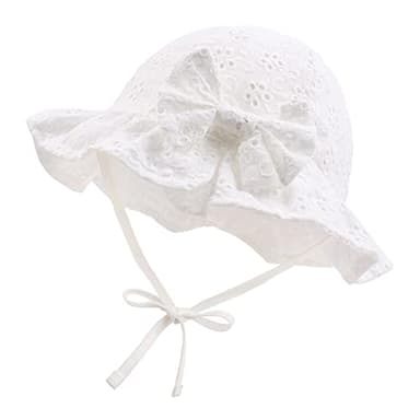 JANGANNSA Bow Baby Girls Summer Hat Flower Toddler Girls Sun Hat Cotton Breathable Infant Cap (White Flower, M) - Image 1