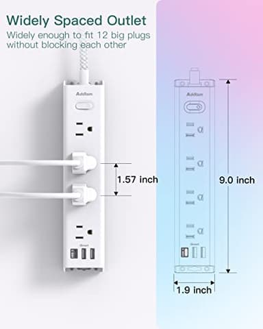 Surge Protector Power Strip - 10 FT Extension Cord, Power Strip with 12 Widely AC Outlet 3 USB, Flat Plug, Wall Mount Overload Protection, 1050J, Desk Charging Station for Home Office, ETL Listed - Image 7