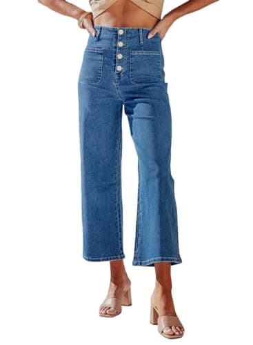 Sidefeel Women's Wide Leg Jeans High Waisted Straight Leg Jeans Buttoned Loose Stretchy Denim Pants with Pocket Blue Size 18 Short - Image 1