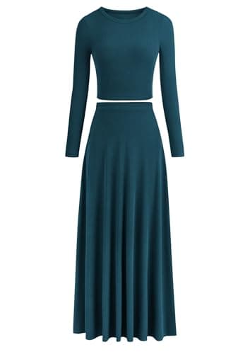 PRETTYGARDEN Women Fall Spring 2 Piece Outfits Dressy Casual Ribbed Knit Long Sleeve Crop Top Maxi Flowy Skirts Matching Sets (Lake Blue,Medium) - Image 1