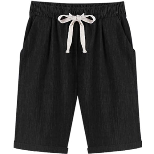 XinYangNi Women's Elastic Waist Casual Comfy Cotton Linen Beach Shorts with Drawstring Knee Length Curling Bermuda Shorts Black US XL - Image 1