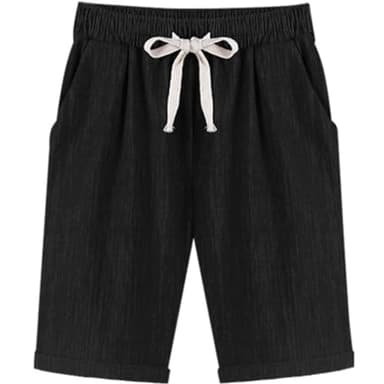 XinYangNi Women's Elastic Waist Casual Comfy Cotton Linen Beach Shorts with Drawstring Knee Length Curling Bermuda Shorts Black US XL - Image 1