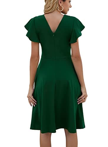 HELYO Wedding Guest Dresses for Womens Elegant Ruffle Sleeves V-Back A-Line Cocktail Party Semi Formal Dress with Pockets 842 Dark Green L - Image 2