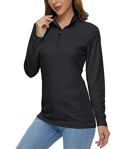 MAGCOMSEN Women's UV Protection Black T-Shirt - Workout, Running, Fishing & Summer - Straight Fit, Short Sleeve, Collarless - Image 1