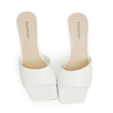 Modatope White Open Toe Heels for Women Chunky Heel Slip On Heeled Sandals for Women Size 8 - Image 2
