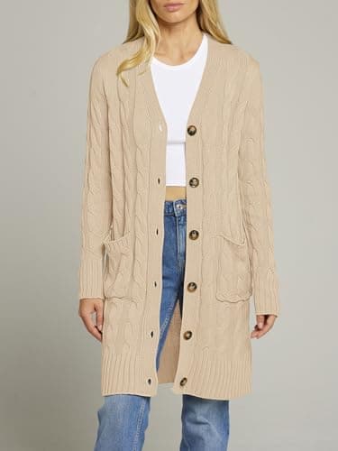 MEROKEETY Women's 2025 Long Sleeve Cardigan Sweater Fall Winter Cable Knit Open Front Button Long Outerwear Apricot - Image 7