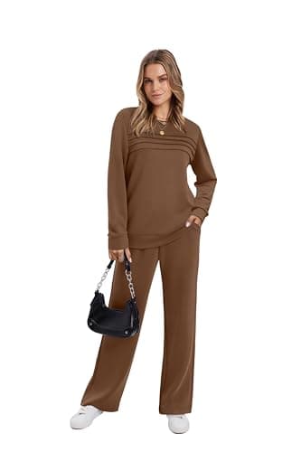 WIHOLL Womens Two Piece Lounge Set 2 Pc Fall Outfits Winter Long Sleeve Tracksuit Wide Leg Loungewear Women's Travel Track Suit Brown M - Image 2