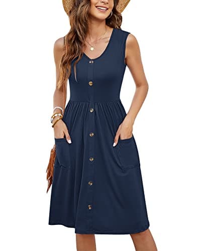 MOLERANI Women Summer Dresses Sleeveless Casual Loose Swing Button Down Midi Dress with Pockets(Navy Blue,L) - Image 1