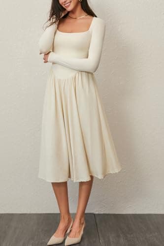CHYRII Womens Spring Fashion 2025 Square Neck Long Sleeve Casual A-Line Midi Dress Beige XXL - Image 5