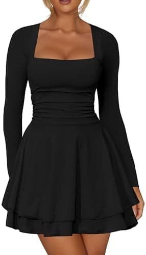 Kaximil Women's Square Neck Ruffle Hem Mini Dress Ruched Waist Long Sleeve Corset Short Party Dresses - Image 2
