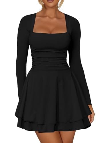 Kaximil Women's Square Neck Ruffle Hem Mini Dress Ruched Waist Long Sleeve Corset Short Party Dresses, Large, Black - Image 1
