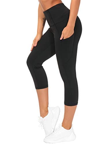 THE GYM PEOPLE Thick High Waist Capris Yoga Pants with Pockets, Tummy Control Workout Running Yoga Leggings for Women Black - Image 1
