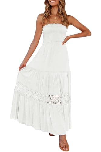 ZESICA Women's 2025 Summer Bohemian Strapless Off Shoulder Lace Trim Backless Flowy A Line Beach Long Maxi Dress,White,Small - Image 1