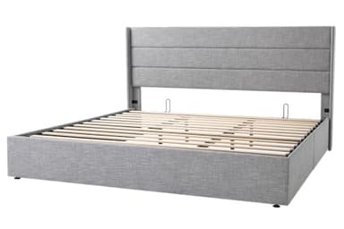 Allewie King Size Lift Up Storage Bed, Modern Wingback Headboard, Hydraulic Support, No Box Spring Needed, Light Grey - Image 9