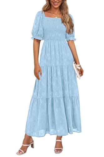 PRETTYGARDEN Women's 2025 Summer Casual Midi Dresses Square Neck Short Sleeve Smocked A Line Floral Flowy Elegant Boho Dress (Light Blue,Medium) - Image 1