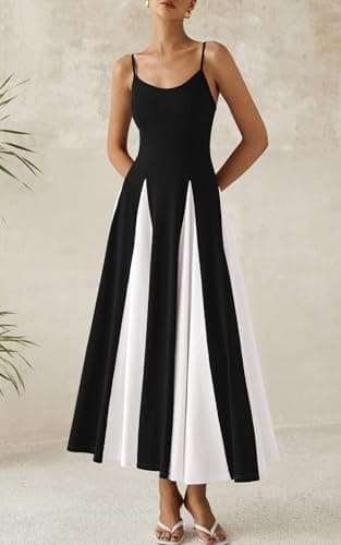 PRETTYGARDEN Spaghetti Strap Backless Summer Dresses for Women 2025 Flowy Maxi Dresses Sleeveless Wedding Guest Dress (Black White, Large) - Image 3